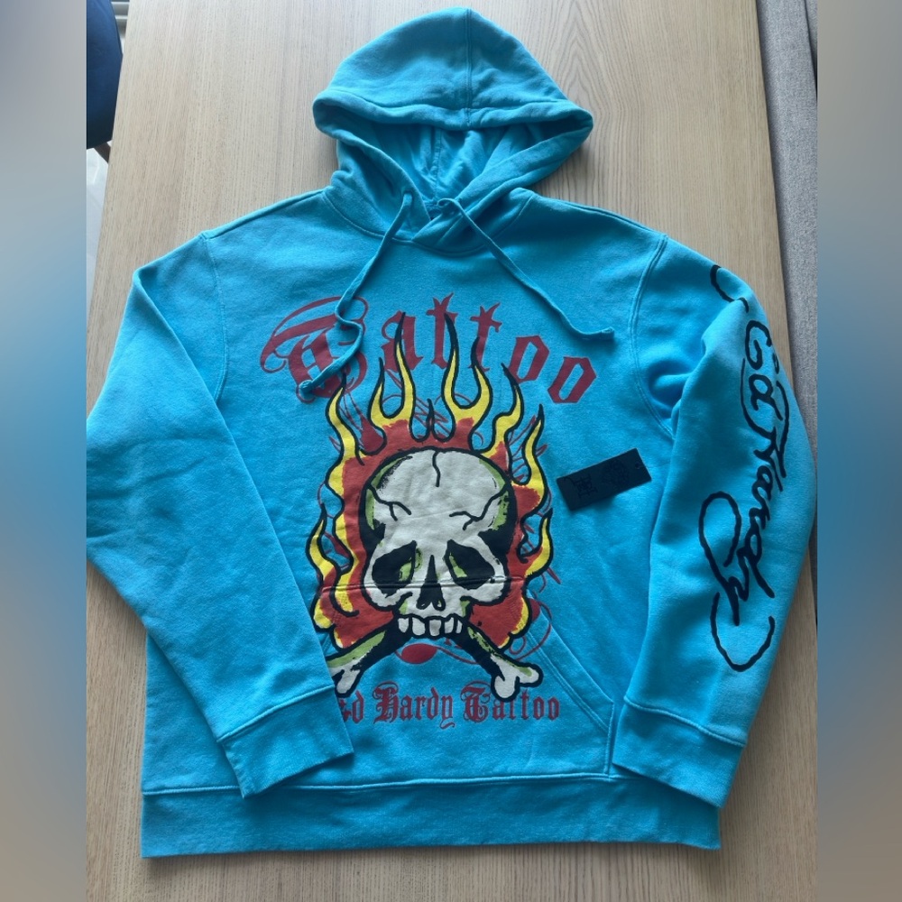 Ed Hardy Tattoo Flame NYC Mens Large Aqua Graphic Fleece Hoodie NWT
